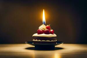 a small chocolate cake with a single candle on top. AI-Generated photo