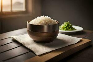 a bowl of rice on a wooden table. AI-Generated photo