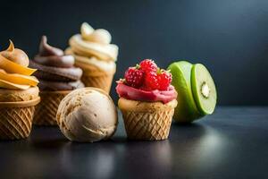 different ice cream flavors in cones on a black background. AI-Generated photo