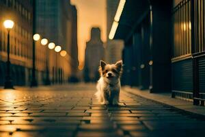 a small dog walking down a street at dusk. AI-Generated photo