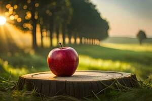 an apple sits on top of a stump in a field. AI-Generated photo