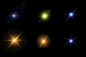 Flash. Realistic flashes. Glowing effects. Stars in space. Set of isolated highlights. Vector shimmering elements.