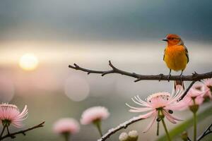 photo wallpaper the sky, flowers, bird, sunrise, the sun, the bird, the bird. AI-Generated