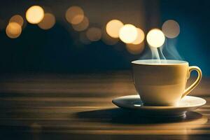 un taza de café en un mesa con bokeh luces. generado por ai foto