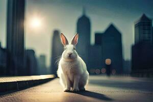 a rabbit is sitting on the ground in front of a city. AI-Generated photo