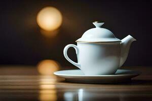 a white teapot sits on a saucer. AI-Generated photo