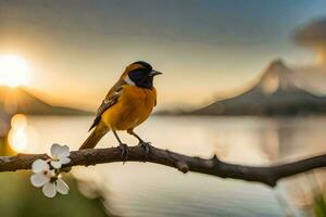 a bird sits on a branch near a lake. AI-Generated photo