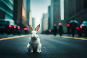 a rabbit is sitting on the road in a city. AI-Generated photo