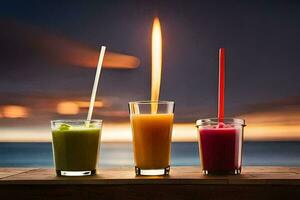 three glasses of juice with a lit candle. AI-Generated photo