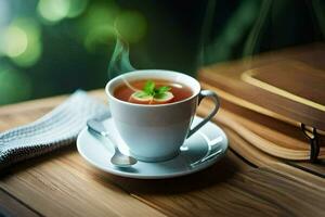 a cup of tea on a wooden table. AI-Generated photo