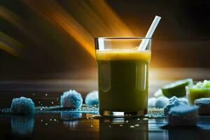 a glass of green juice with a straw. AI-Generated photo