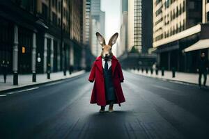 a rabbit wearing a red coat and tie standing in the middle of a city street. AI-Generated photo