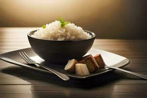 a bowl of rice with a slice of bread on top. AI-Generated photo