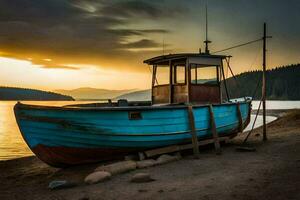 un barco se sienta en el apuntalar a puesta de sol. generado por ai foto