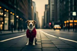 a dog wearing a red shirt sitting on the street. AI-Generated photo