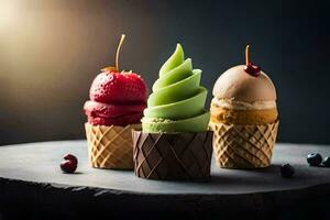 three ice cream cones with different flavors. AI-Generated photo