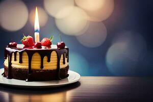 a birthday cake with a single candle on top. AI-Generated photo