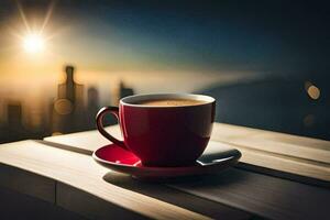 a cup of coffee on a wooden table in front of a cityscape. AI-Generated photo