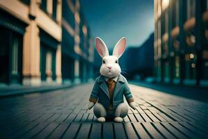 a white rabbit in a suit and tie sits on a street. AI-Generated photo