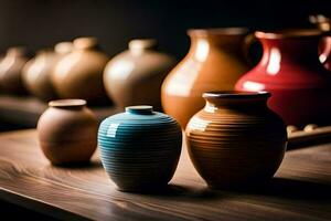 a row of vases on a wooden table. AI-Generated photo