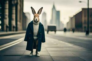 a rabbit wearing a coat and tie standing on the street. AI-Generated photo