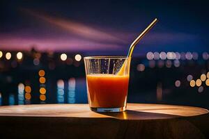 a glass of orange juice sitting on a table with a city view. AI-Generated photo