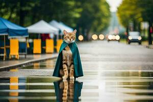 a cat wearing a cape on a rainy street. AI-Generated photo