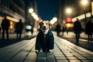 a dog wearing a jacket standing on a street at night. AI-Generated photo