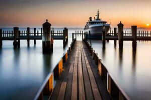 a boat docked at the end of a dock at sunset. AI-Generated photo