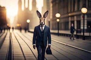 un hombre en un traje y Corbata es caminando abajo un calle con un Conejo cabeza. generado por ai foto