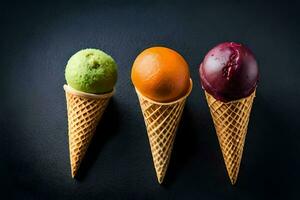 three ice cream cones with different colored fruits. AI-Generated photo