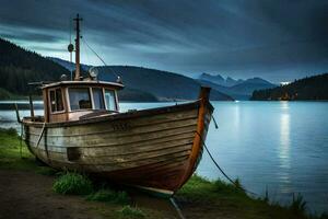 a boat sits on the shore of a lake at night. AI-Generated photo