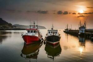 two boats docked at the dock at sunset. AI-Generated photo