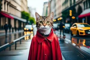 a cat wearing a red coat on a rainy street. AI-Generated photo