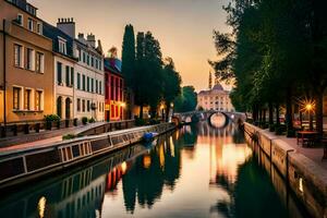 a canal in the middle of a city at sunset. AI-Generated photo