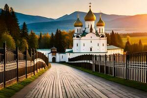 the russian church in the mountains at sunset. AI-Generated photo