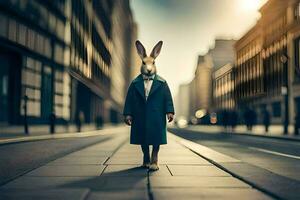 a rabbit wearing a coat and tie standing in the middle of a city street. AI-Generated photo