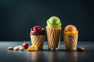 three ice cream cones with different flavors. AI-Generated photo