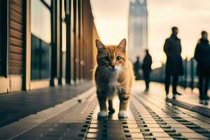 a cat walking on a sidewalk in front of people. AI-Generated photo