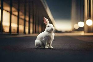 a white rabbit sitting on the ground in front of a building. AI-Generated photo