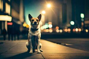 a dog sitting on the sidewalk at night. AI-Generated photo