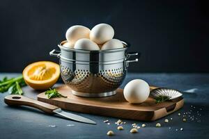 eggs in a colander on a cutting board. AI-Generated photo