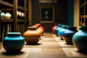 a row of colorful vases sit on a wooden floor. AI-Generated photo