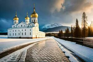 a snowy road leads to a church with two golden domes. AI-Generated photo