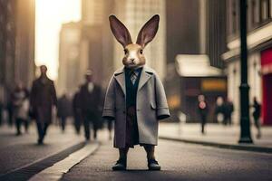 a rabbit dressed in a suit and tie standing on a city street. AI-Generated photo