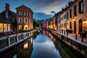 un canal en un ciudad a oscuridad con edificios y agua. generado por ai foto