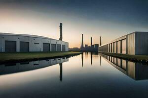 a factory building with a canal in front of it. AI-Generated photo