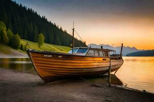 a boat sits on the shore of a lake at sunset. AI-Generated photo