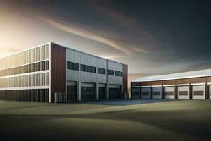 an industrial building with a large garage door. AI-Generated photo