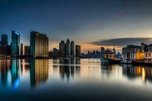 the city skyline is reflected in the water at dusk. AI-Generated photo